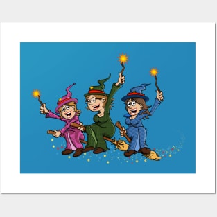 Three happy witches on a broom Posters and Art